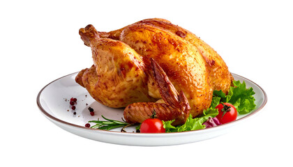 A golden roasted poultry dish, presented on a white plate with fresh greenery and tomatoes, ready for serving