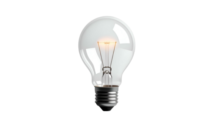 A luminous, transparent light bulb glows brightly against a stark black backdrop. The filament is clearly visible and illuminated