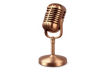 Bronze vintage microphone standing on a base, capturing sound for studio recording, podcast, and broadcast. Transparent background