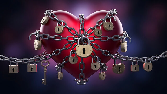 A heart symbol locked with chains and padlocks