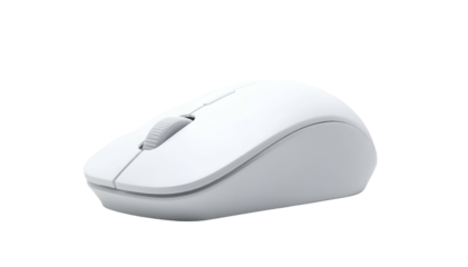 A modern, wireless pointing device. White, ergonomic design with a scroll wheel and left/right click buttons. Isolated on a solid black background
