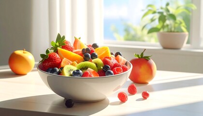 A Vibrant Bowl of Fresh Fruit Salad Bathed in Sunlight.