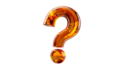 A realistic, shimmering, translucent question mark, rendered with an orange and yellow gradient on a black background