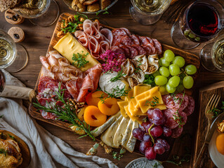 Food photography flat lay of Cheese Board and Cold Cuts.