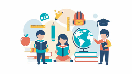 Children engaged in learning with educational tools and symbols surrounding them, representing knowledge and growth.