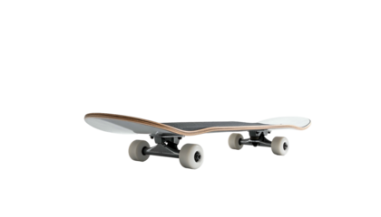 A skateboard, with gray deck and white wheels, isolated against a black background. Minimalist aesthetic, clean lines, and neutral tones