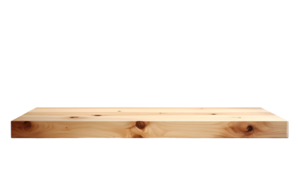 A simple wooden shelf, cut perfectly with a right angled appearance, sits isolated against a stark black background