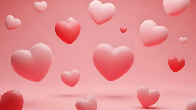 Pattern of scattered 3D hearts with soft lighting on pink backdrop