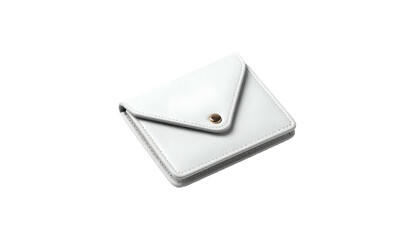A square white wallet, angled to show its envelope-like flap and small golden button closure. Sleek, minimalist design against a black backdrop