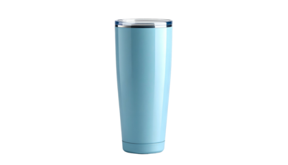 A tall, cylindrical, light blue tumbler with a silver rim and base, isolated on a black background, perfect for beverages