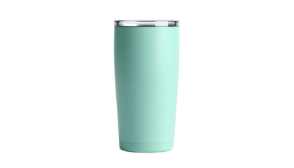 A tall, cylindrical, mint-colored tumbler with a shiny silver rim and lid. It's against a black background, with smooth lines