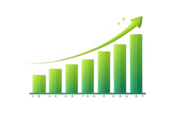 Green 3d bar chart showing upward growth and business increase, presenting financial success and market progress on transparent background