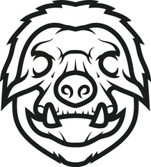 Fototapeta premium Ferocious stylized black and white line art logo depicting a snarling wild boar or aggressive dog mascot head design isolated on white background