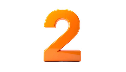 A vibrant, glossy, orange numeral "2" with soft highlights and shading against a stark black background. It appears three-dimensional