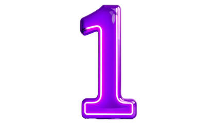 A vibrant, neon-style number "1" shimmers with purple, set against a stark black background, rendered in 3D, creating depth