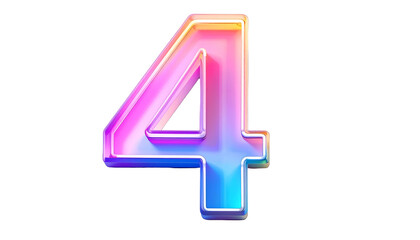 A vibrant, iridescent, glossy number "4" floats against a stark black backdrop. The numeral is rendered with smooth gradients of pastel colors