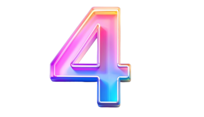 A vibrant, iridescent, glossy number "4" floats against a stark black backdrop. The numeral is rendered with smooth gradients of pastel colors