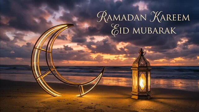 A beautifully composed scene at dawn or dusk on a sandy beach features a radiant, illuminated crescent moon decoration standing beside an intricately designed, glowing traditional lantern. The soft li
