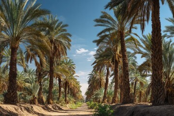 Obraz premium Row of tall palm trees line a dirt path under a bright blue sky