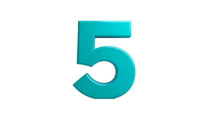 A vibrant turquoise number "5" is depicted in a glossy, three-dimensional style, set against a stark, black background