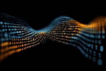 Abstract digital stream of glowing blue and orange binary code on black