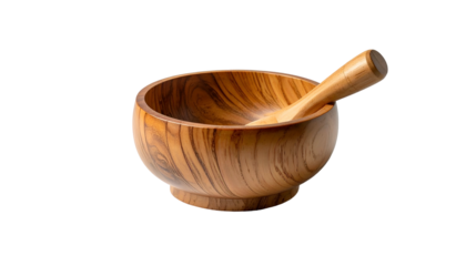 A wooden bowl with a matching pestle. The bowl has a pedestal base, and the pestle rests within. Set against a solid black background