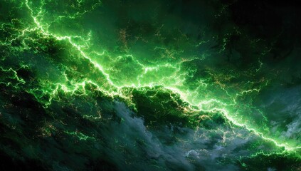A vibrant green energy streak, resembling lightning, cuts across a dark, cloudy expanse