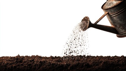 Metal watering can pours water onto rich soil, isolated on white