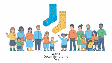 Diverse group of adults and children celebrating World Down Syndrome Day with mismatched socks, promoting awareness and inclusion.