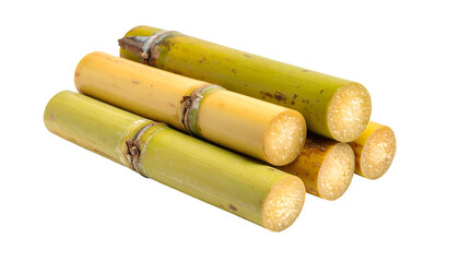 Close-up of cut sugarcane stalks, showing the inner texture and various colors. Stalks are stacked for display on a black background