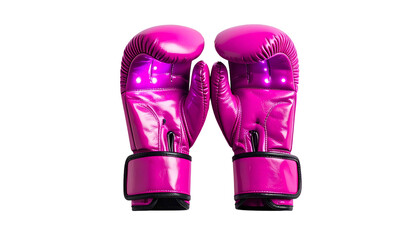 Close-up studio shot of a pair of vivid magenta boxing gloves isolated against a stark black background