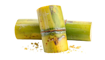 Close-up view of fresh, segmented stalks, exhibiting varying shades of green and yellow, slightly weathered, with small sugar remnants below