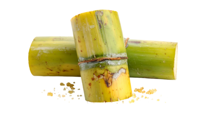 Close-up view of fresh, segmented stalks, exhibiting varying shades of green and yellow, slightly weathered, with small sugar remnants below