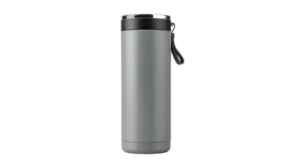 Cylindrical, gray and black insulated drink container with a handle loop, isolated against a solid black backdrop