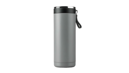 Cylindrical, gray and black insulated drink container with a handle loop, isolated against a solid black backdrop