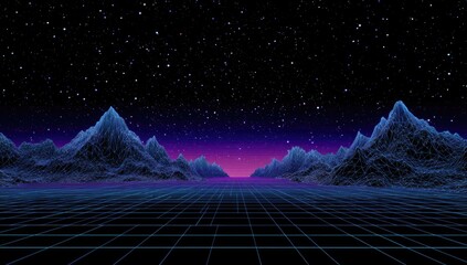 Retro-futuristic digital landscape of wireframe mountains under a starry sky