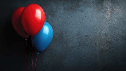 Three colorful balloons float against a textured dark background