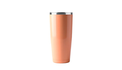 Sleek, tall, insulated travel tumbler. Features a glossy peach exterior, a silver rim, and a matte base. The background is solid black
