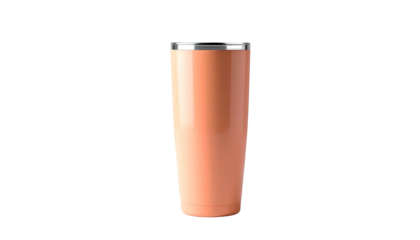 Sleek, tall, insulated travel tumbler. Features a glossy peach exterior, a silver rim, and a matte base. The background is solid black
