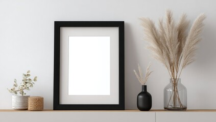 A black framed blank picture on a shelf with dried floral arrangements