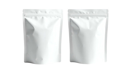 Two identical, blank, white pouch bags with zip closures, displayed side by side against a stark black background