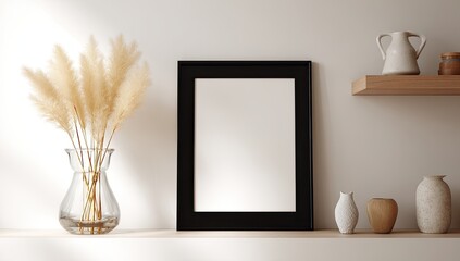 Empty frame on shelf with dried grass and decorative vases