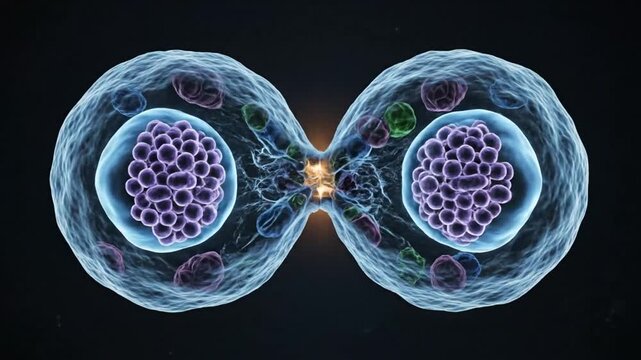 Cell division process visualized, depicting mitosis cellular stages in detailed 3D scientific illustration.
