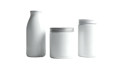 Three clean, white containers on a solid black background. A bottle, jar, and can. Perfect for product mockups