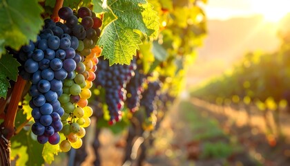 Ripe Grapes Hanging on Vines in a Vineyard at Sunset.