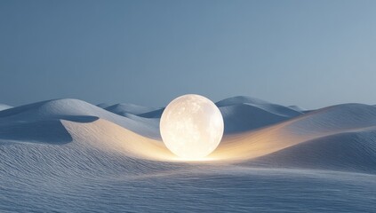 Glowing orb illuminates textured, rolling dunes under a serene, pale blue sky