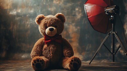 Teddy bear in a high fashion photoshoot with dramatic lighting