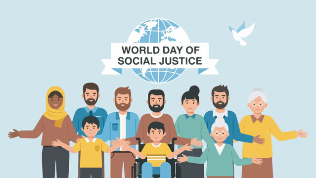 Diverse group of people celebrating World Day of Social Justice with a globe and dove symbol, promoting unity and equality.