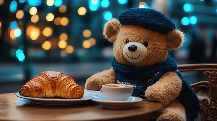 Teddy bear in a Parisian cafe with a beret and croissant on blue lights background