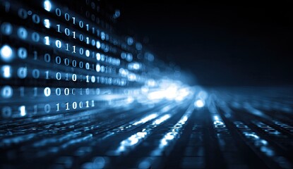 Abstract digital stream of glowing blue binary code receding into the darkness